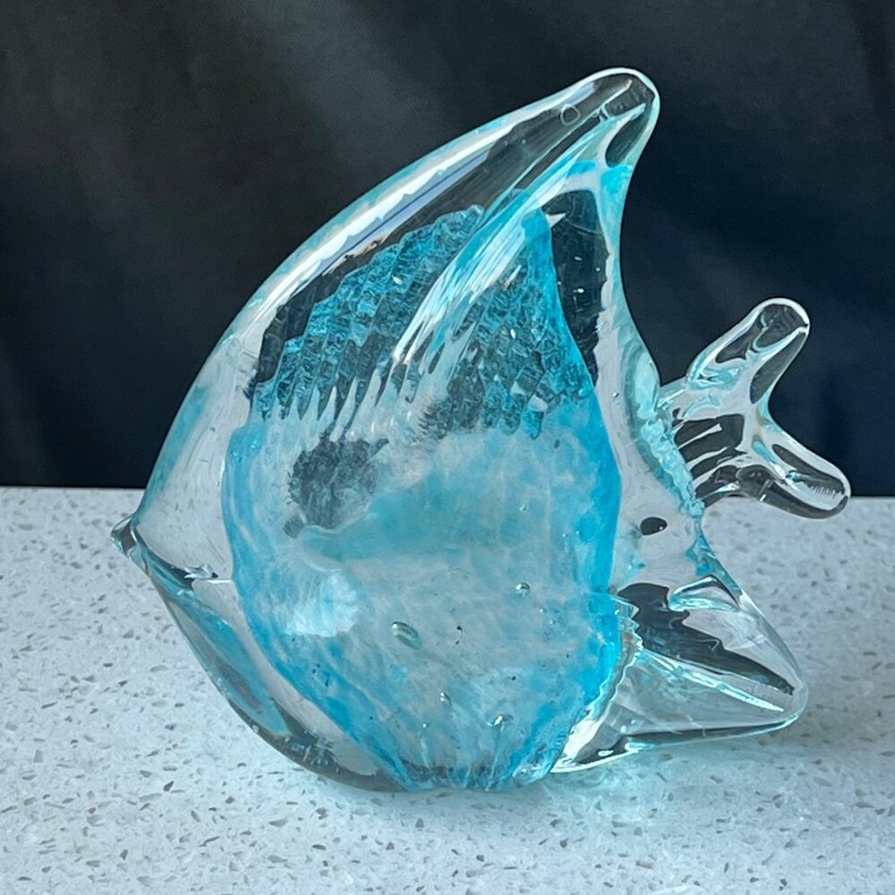 Handcrafted Blue & Clear Glass Fish Figurine Paperweight 5.5" Tall Decorative